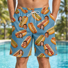 Model wearing Men's Bunited States Custom Face Beach Shorts printed with kids' faces