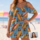 Woman wearing Women's Bunited States Custom Face Off-Shoulder Dress — custom faces printed all-over