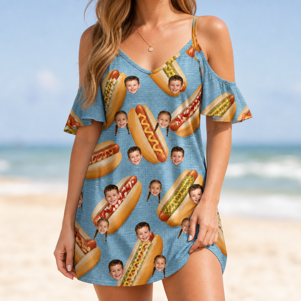 Model wearing Women's Bunited States Custom Face Off-Shoulder Dress printed with kids' faces