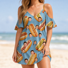 Model wearing Women's Bunited States Custom Face Off-Shoulder Dress printed with kids' faces
