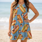 Model wearing Women's Bunited States Custom Face Tank Dress printed with kids' faces