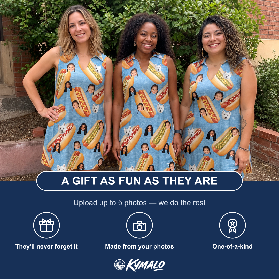 Friends in matching Women's Bunited States Custom Face V-Neck Dress — a group gift photo