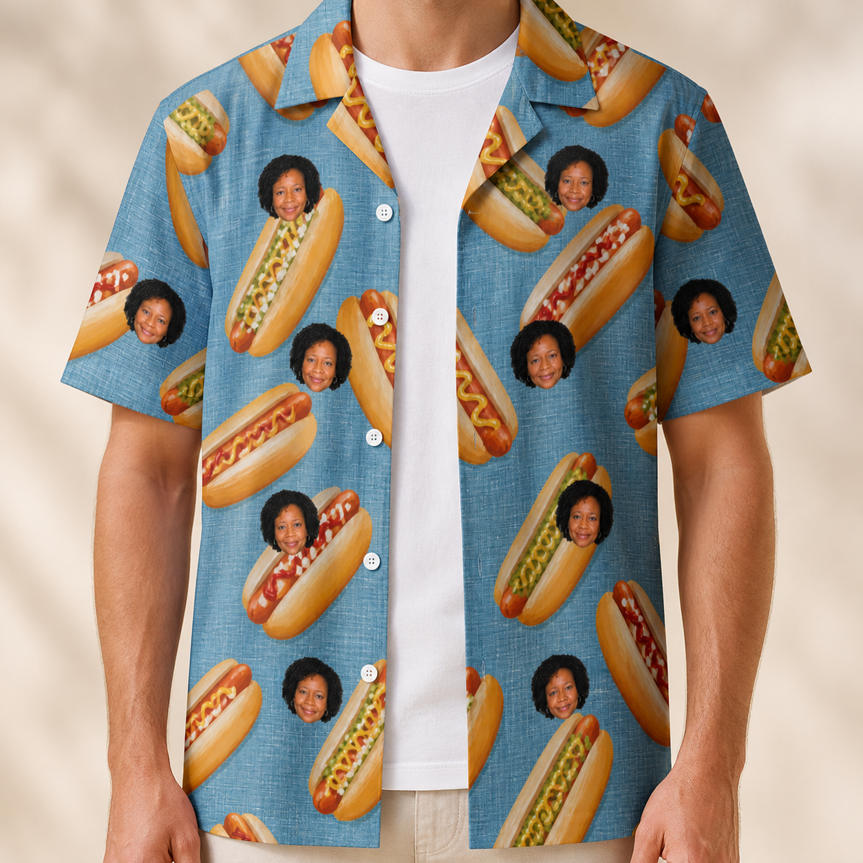 Man wearing Men's Bunited States Custom Face Hawaiian Shirt open over a white tee