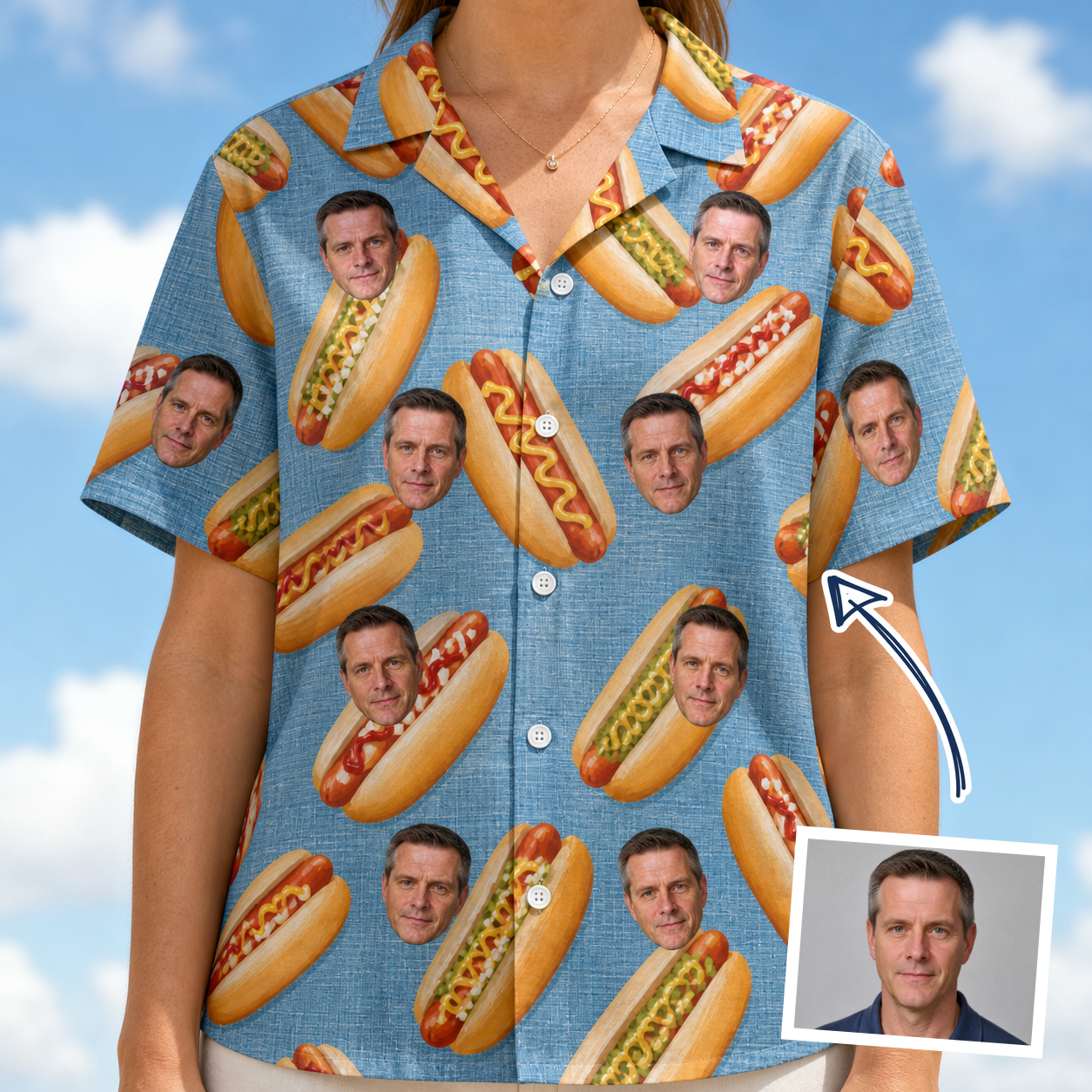 Woman wearing Women's Bunited States Custom Face Hawaiian Shirt — custom faces printed all-over