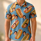 Model wearing Men's Bunited States Custom Face Polo Shirt printed with kids' faces