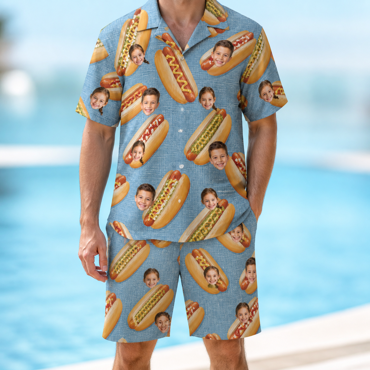 Model wearing Men's Bunited States Custom Face Shirt & Shorts Set printed with kids' faces