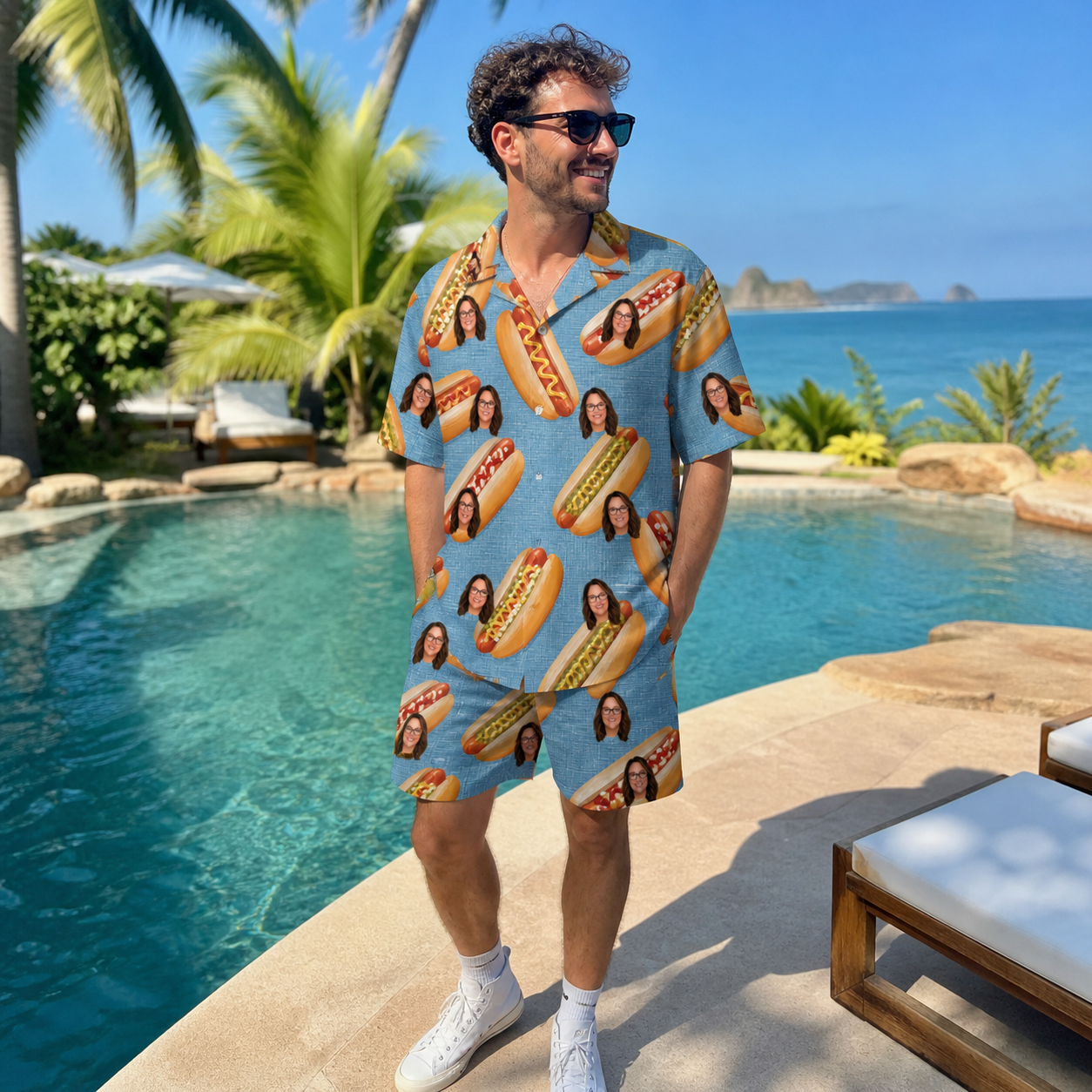 Real-life photo of someone wearing Men's Bunited States Custom Face Shirt & Shorts Set — custom faces printed all-over