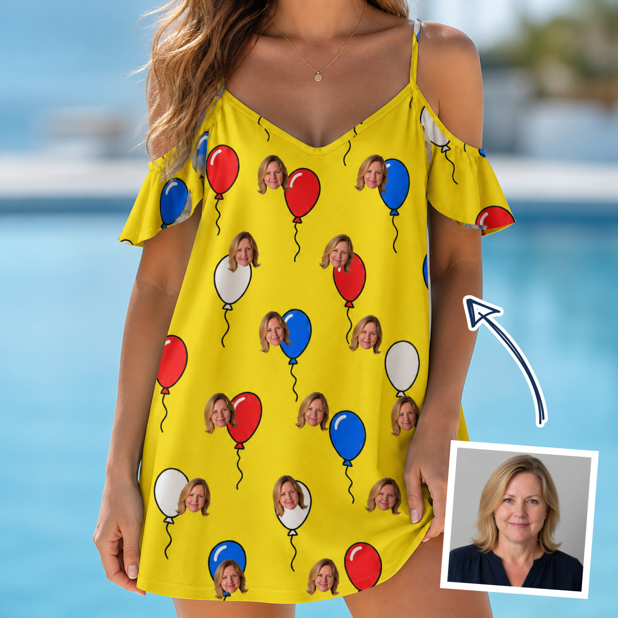 Woman wearing Women's Crimson Cloudburst Custom Face Off-Shoulder Dress — custom faces printed all-over