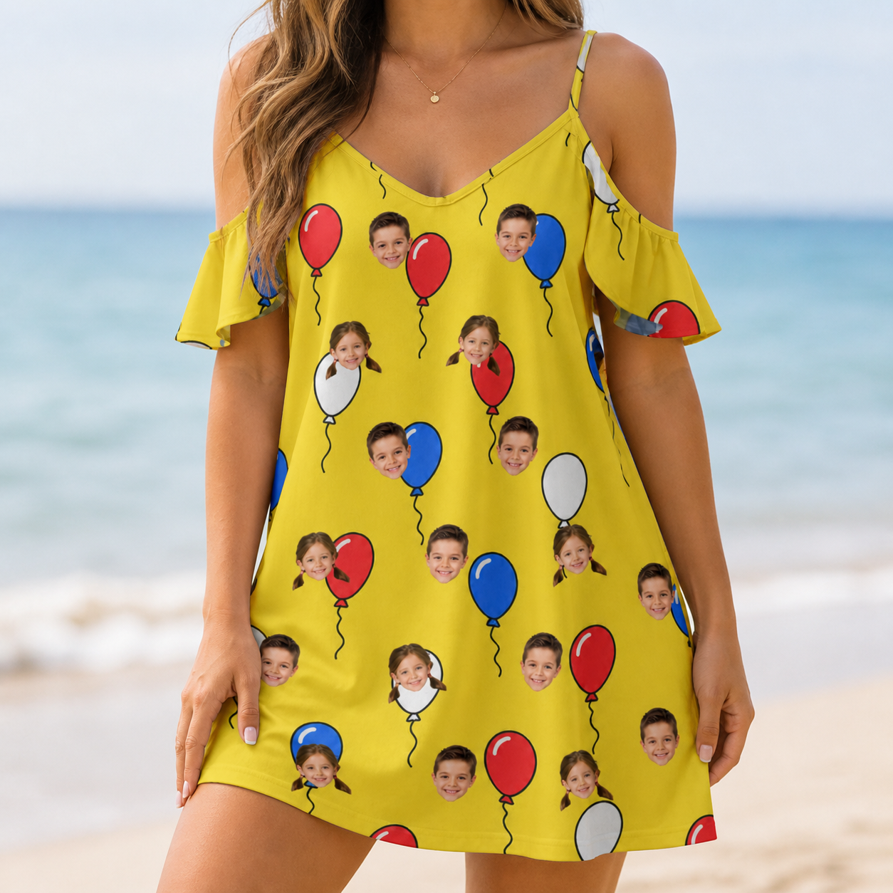 Model wearing Women's Crimson Cloudburst Custom Face Off-Shoulder Dress printed with kids' faces