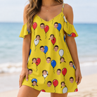 Model wearing Women's Crimson Cloudburst Custom Face Off-Shoulder Dress printed with kids' faces