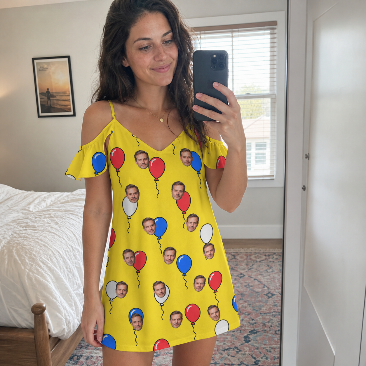 Real-life photo of someone wearing Women's Crimson Cloudburst Custom Face Off-Shoulder Dress — custom faces printed all-over