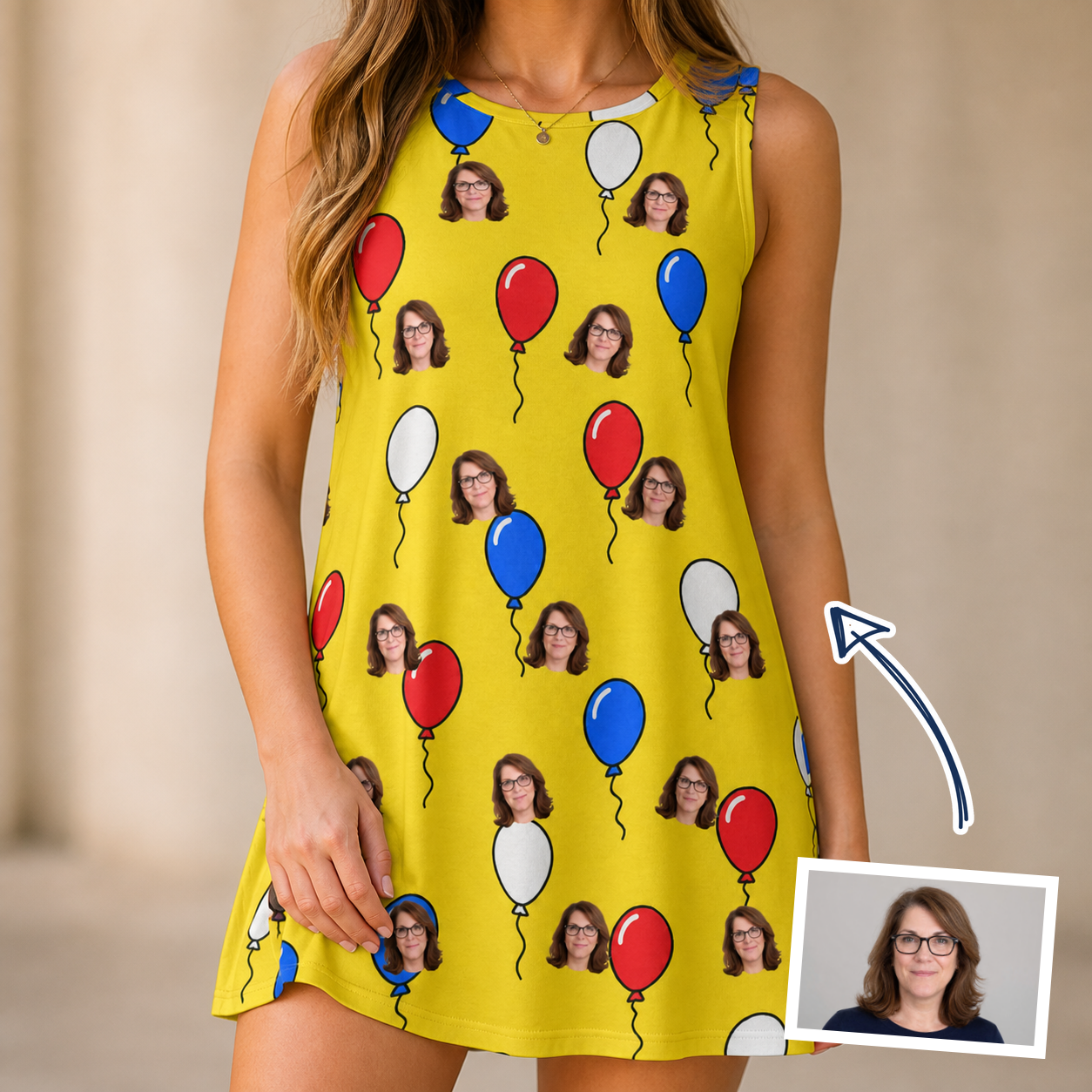 Woman wearing Women's Crimson Cloudburst Custom Face Tank Dress — custom faces printed all-over