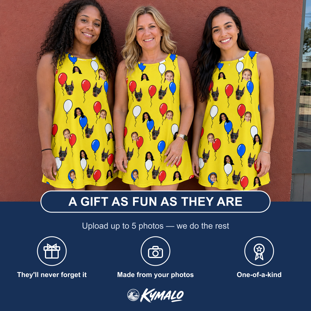Friends in matching Women's Crimson Cloudburst Custom Face Tank Dress — a group gift photo