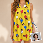 Woman wearing Women's Crimson Cloudburst Custom Face V-Neck Dress — custom faces printed all-over
