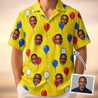 Man wearing Men's Crimson Cloudburst Custom Face Hawaiian Shirt — custom faces printed all-over
