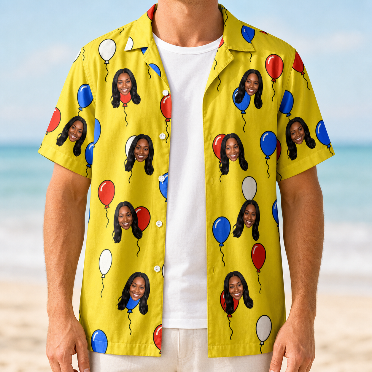 Man wearing Men's Crimson Cloudburst Custom Face Hawaiian Shirt open over a white tee