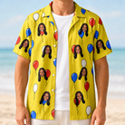 Man wearing Men's Crimson Cloudburst Custom Face Hawaiian Shirt open over a white tee