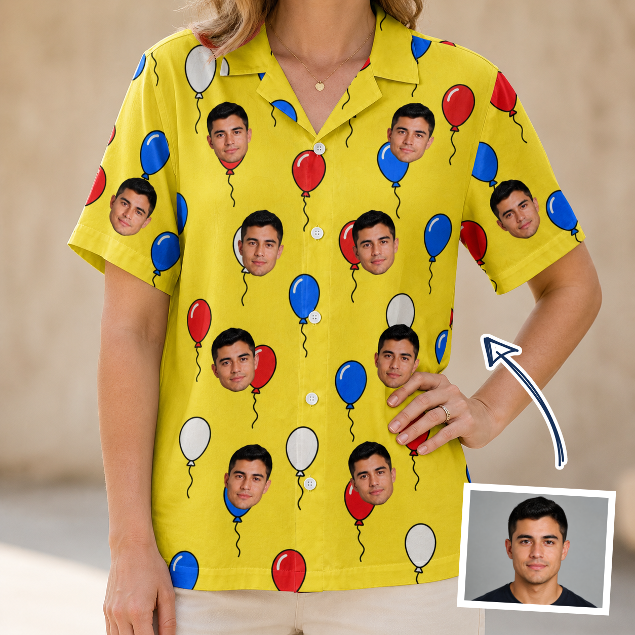 Woman wearing Women's Crimson Cloudburst Custom Face Hawaiian Shirt — custom faces printed all-over