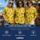 Friends in matching Women's Crimson Cloudburst Custom Face Hawaiian Shirt — a group gift photo