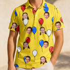 Model wearing Men's Crimson Cloudburst Custom Face Polo Shirt printed with kids' faces