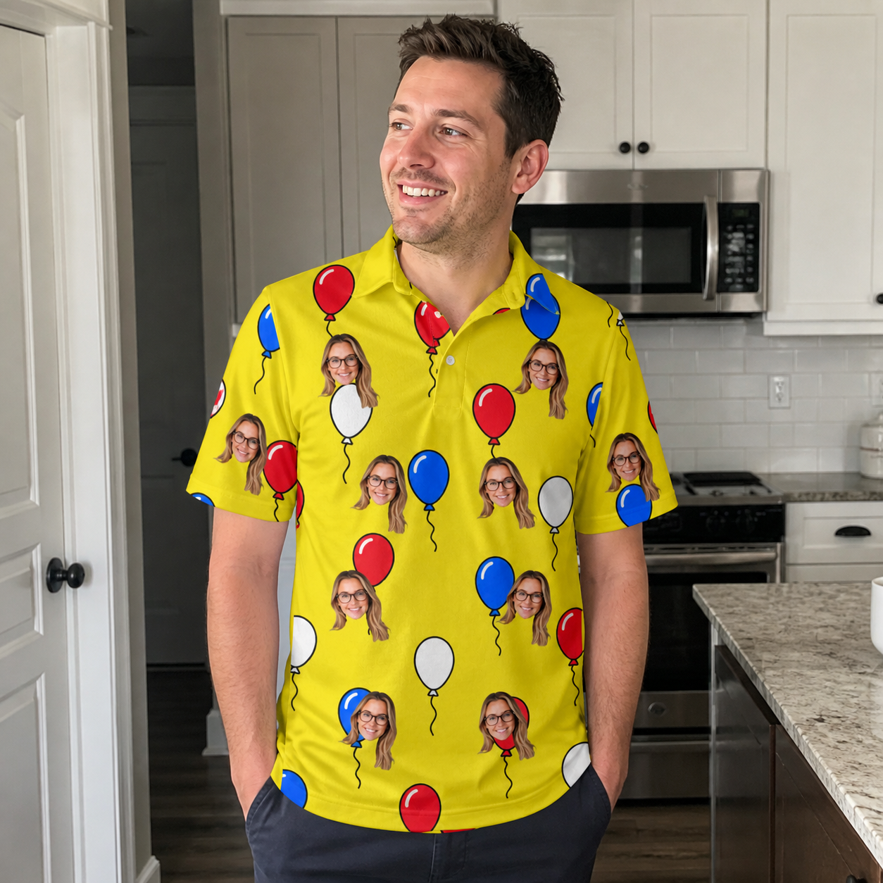 Real-life photo of someone wearing Men's Crimson Cloudburst Custom Face Polo Shirt — custom faces printed all-over