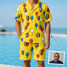 Man wearing Men's Crimson Cloudburst Custom Face Shirt & Shorts Set — custom faces printed all-over