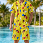 Model wearing Men's Crimson Cloudburst Custom Face Shirt & Shorts Set printed with kids' faces