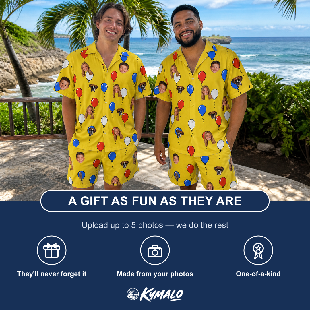 Friends in matching Men's Crimson Cloudburst Custom Face Shirt & Shorts Set — a group gift photo