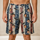 Model wearing Men's Eagle Euphoria Custom Face Beach Shorts printed with kids' faces