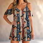 Model wearing Women's Eagle Euphoria Custom Face Off-Shoulder Dress printed with kids' faces