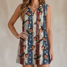 Model wearing Women's Eagle Euphoria Custom Face V-Neck Dress printed with kids' faces
