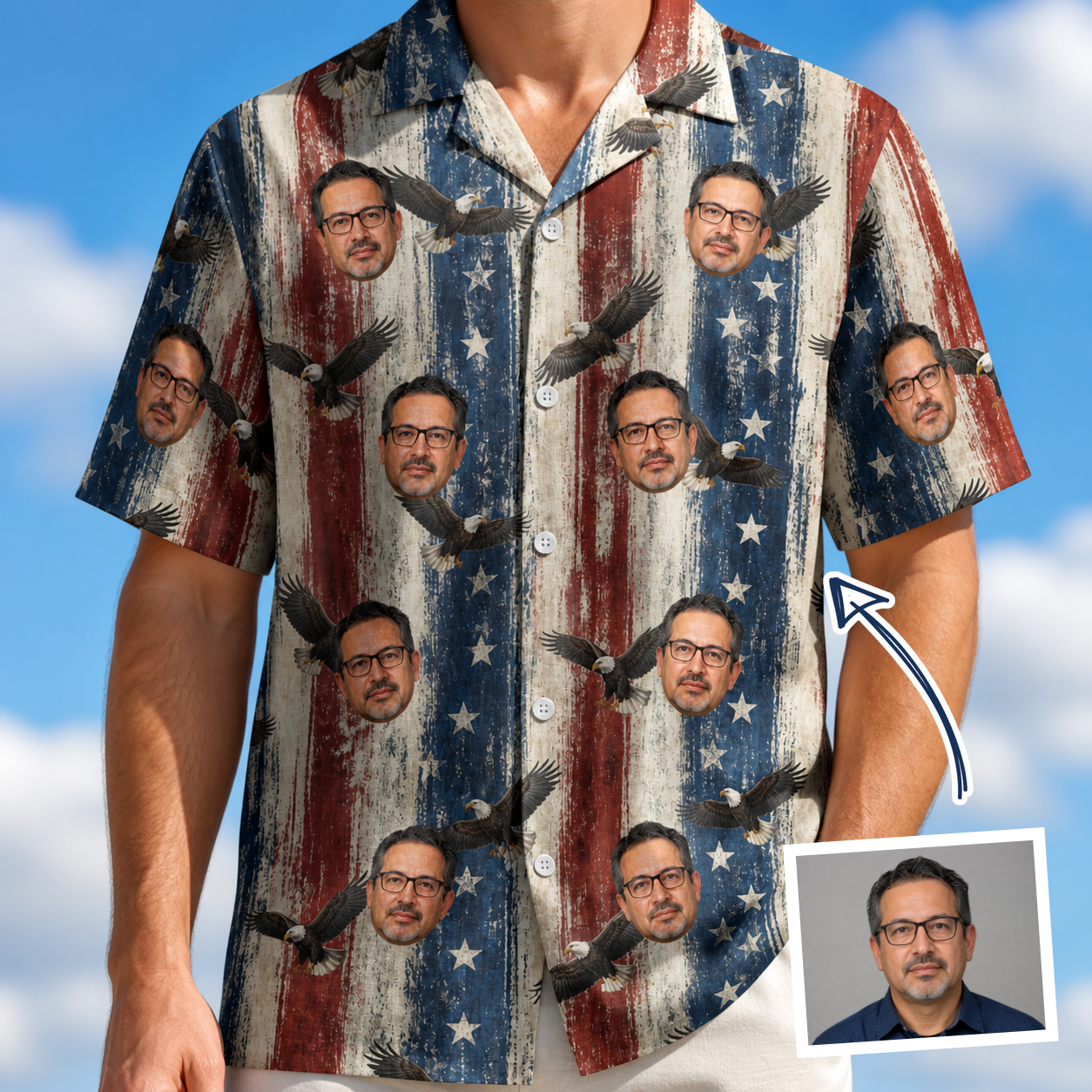 Man wearing Men's Eagle Euphoria Custom Face Hawaiian Shirt — custom faces printed all-over