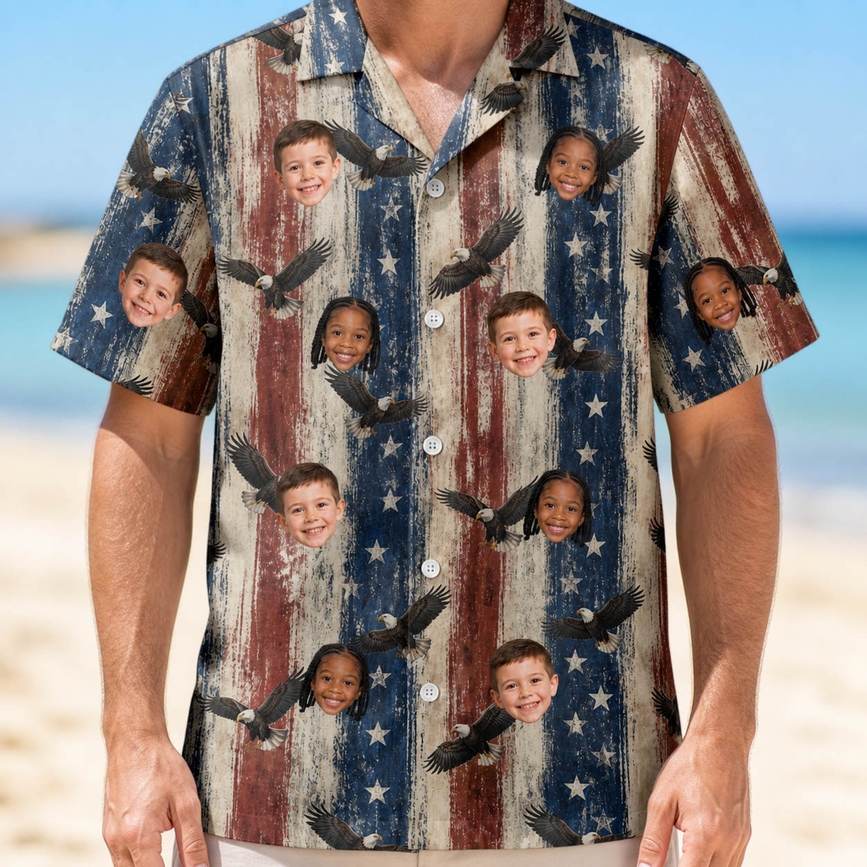 Model wearing Men's Eagle Euphoria Custom Face Hawaiian Shirt printed with kids' faces