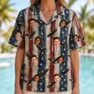 Model wearing Women's Eagle Euphoria Custom Face Hawaiian Shirt printed with kids' faces