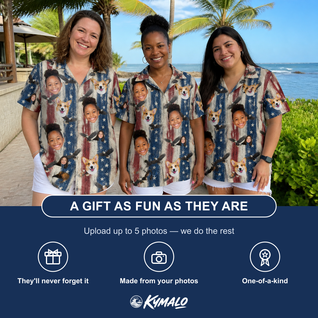 Friends in matching Women's Eagle Euphoria Custom Face Hawaiian Shirt — a group gift photo