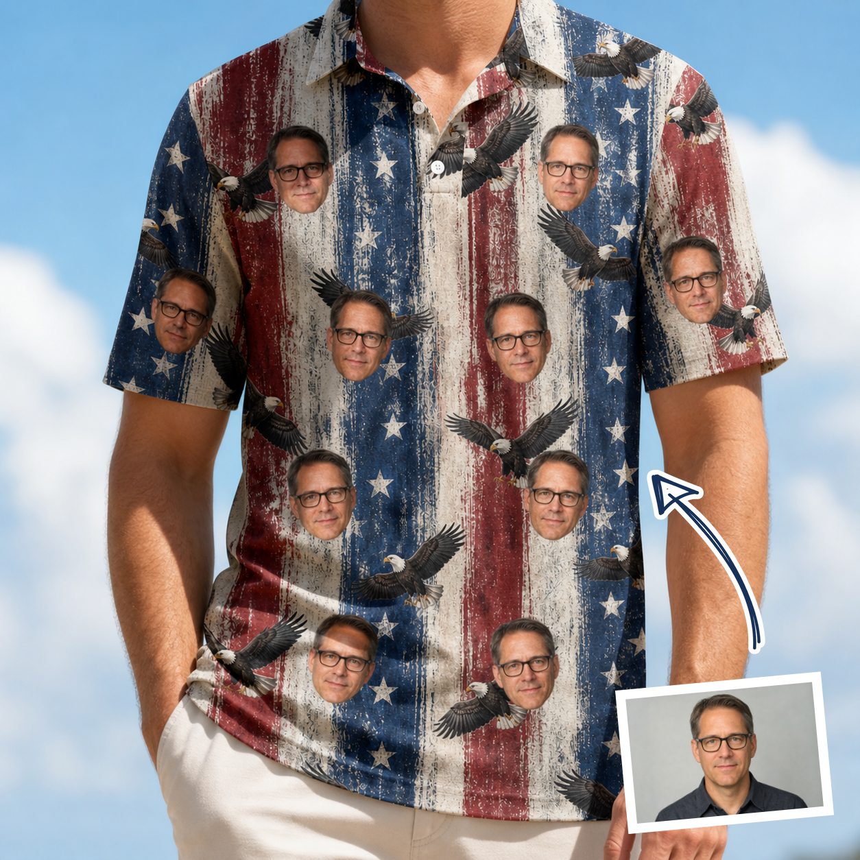 Man wearing Men's Eagle Euphoria Custom Face Polo Shirt — custom faces printed all-over