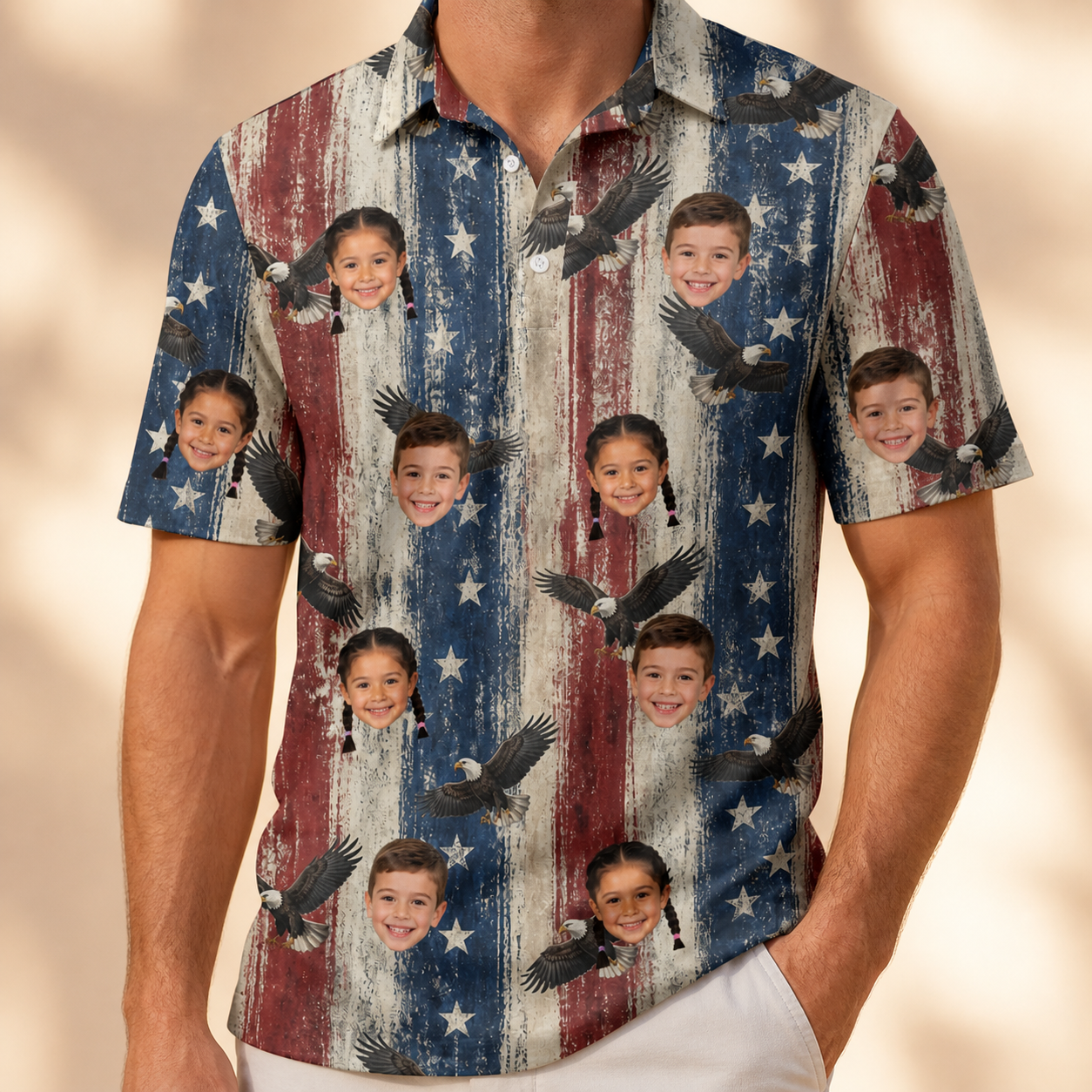 Model wearing Men's Eagle Euphoria Custom Face Polo Shirt printed with kids' faces