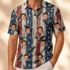 Model wearing Men's Eagle Euphoria Custom Face Polo Shirt printed with kids' faces