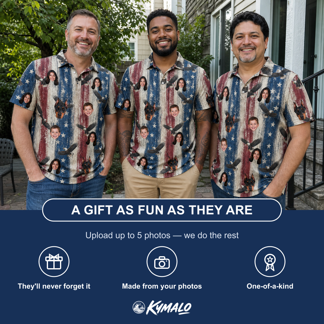 Friends in matching Men's Eagle Euphoria Custom Face Polo Shirt — a group gift photo