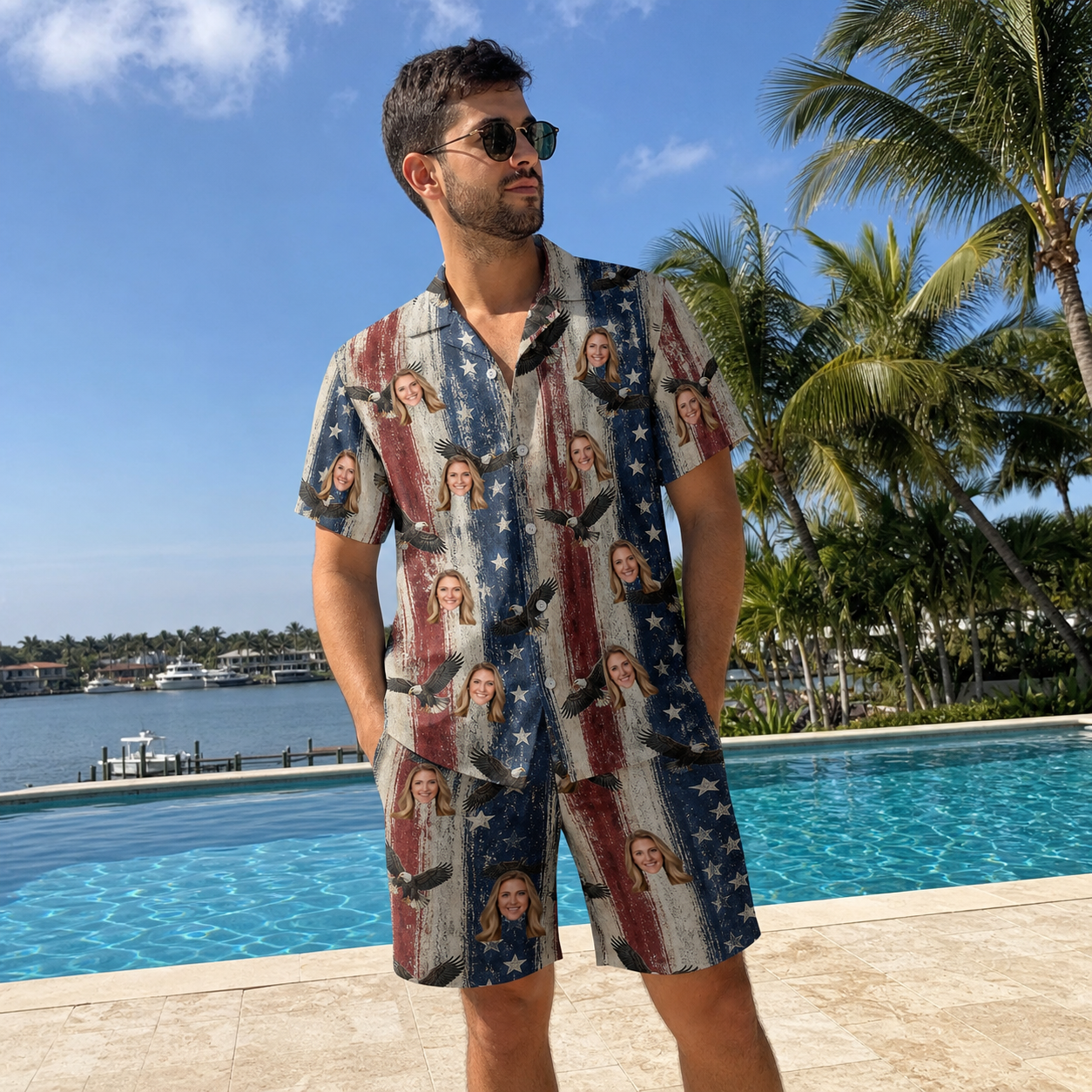 Real-life photo of someone wearing Men's Eagle Euphoria Custom Face Shirt & Shorts Set — custom faces printed all-over