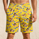 Model wearing Men's Banner Bash Custom Face Beach Shorts printed with kids' faces
