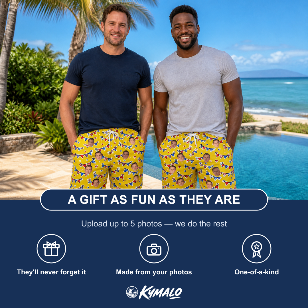 Friends in matching Men's Banner Bash Custom Face Beach Shorts — a group gift photo