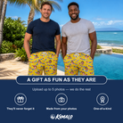 Friends in matching Men's Banner Bash Custom Face Beach Shorts — a group gift photo