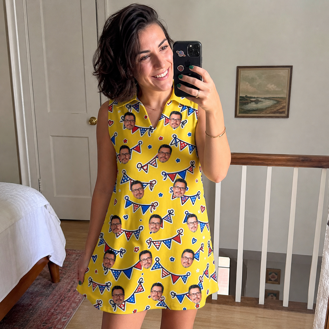 Real-life photo of someone wearing Women's Banner Bash Custom Face V-Neck Dress — custom faces printed all-over