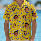 Model wearing Men's Banner Bash Custom Face Hawaiian Shirt printed with kids' faces