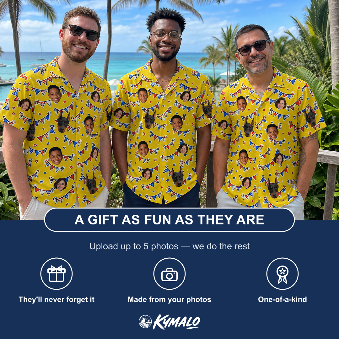 Friends in matching Men's Banner Bash Custom Face Hawaiian Shirt — a group gift photo