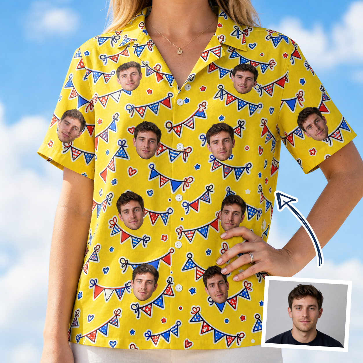 Woman wearing Women's Banner Bash Custom Face Hawaiian Shirt — custom faces printed all-over