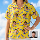 Woman wearing Women's Banner Bash Custom Face Hawaiian Shirt — custom faces printed all-over