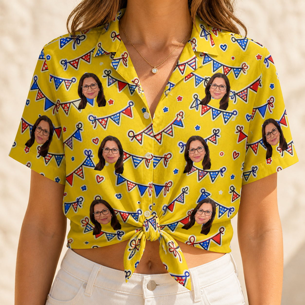 Woman wearing Women's Banner Bash Custom Face Hawaiian Shirt tied at the waist