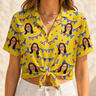 Woman wearing Women's Banner Bash Custom Face Hawaiian Shirt tied at the waist